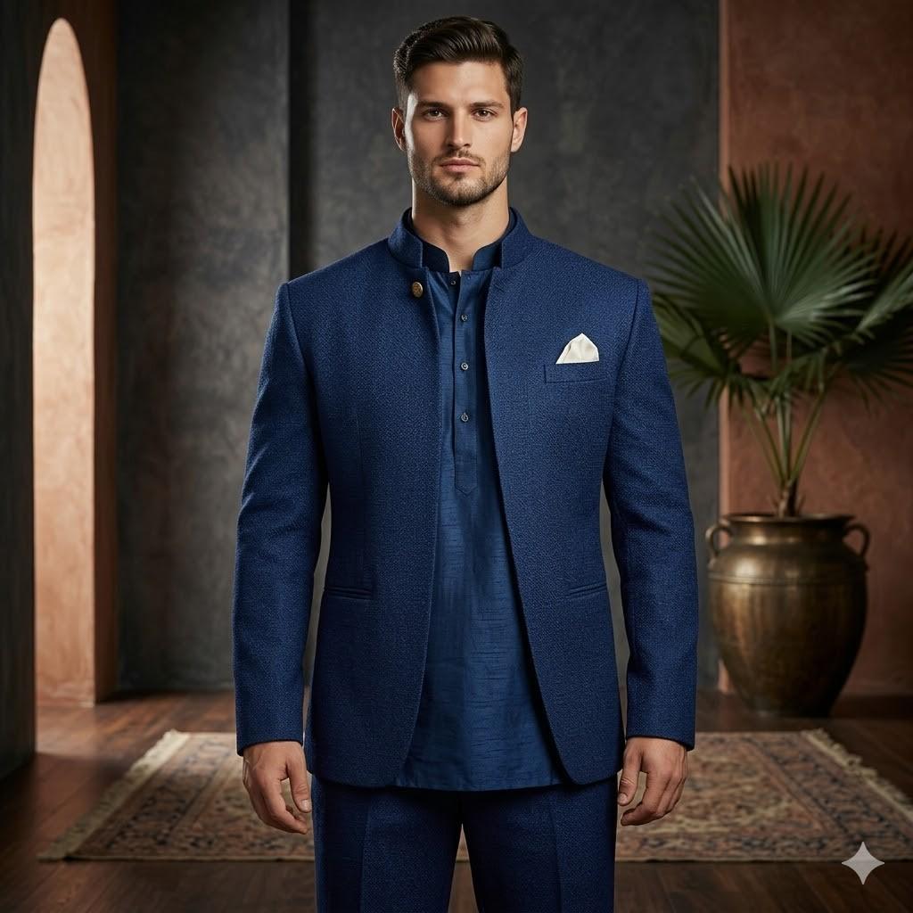 Dark Navy Blue Jodhpuri Coat with Matching Pants on Rent in Mumbai