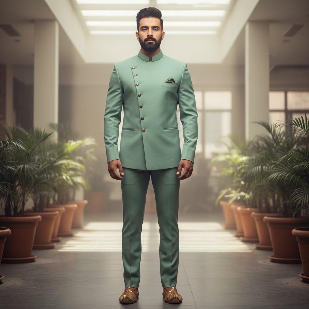 Sea Green Front-Overlap Coat with Formal Pant on Rent in Mumbai