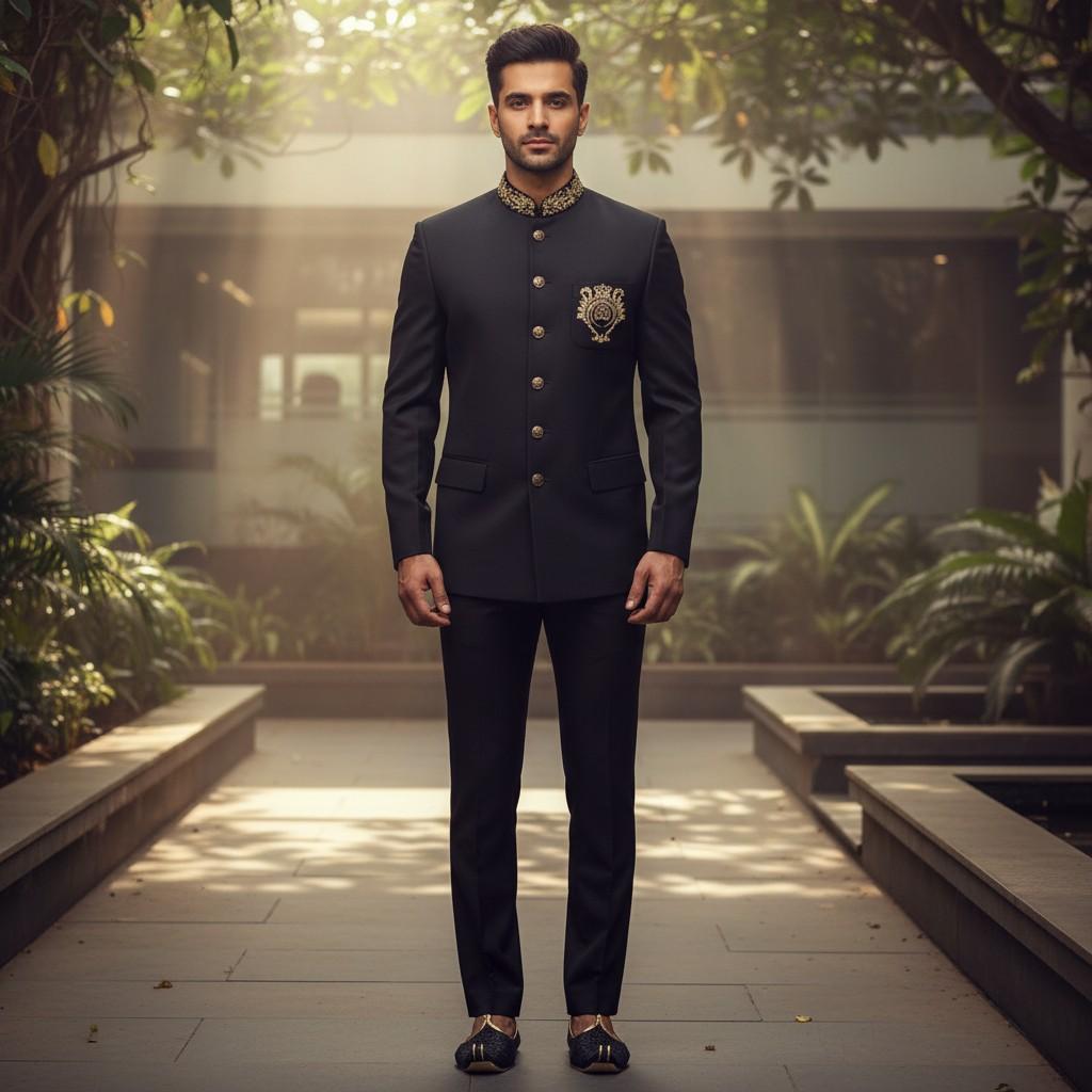 Black Jodhpuri Coat with Golden Embroidery & Pant on Rent in Mumbai