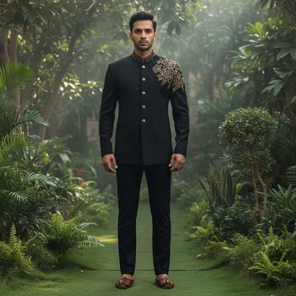 Black Jodhpuri Coat with Gold Embroidery & Pant on Rent in Mumbai