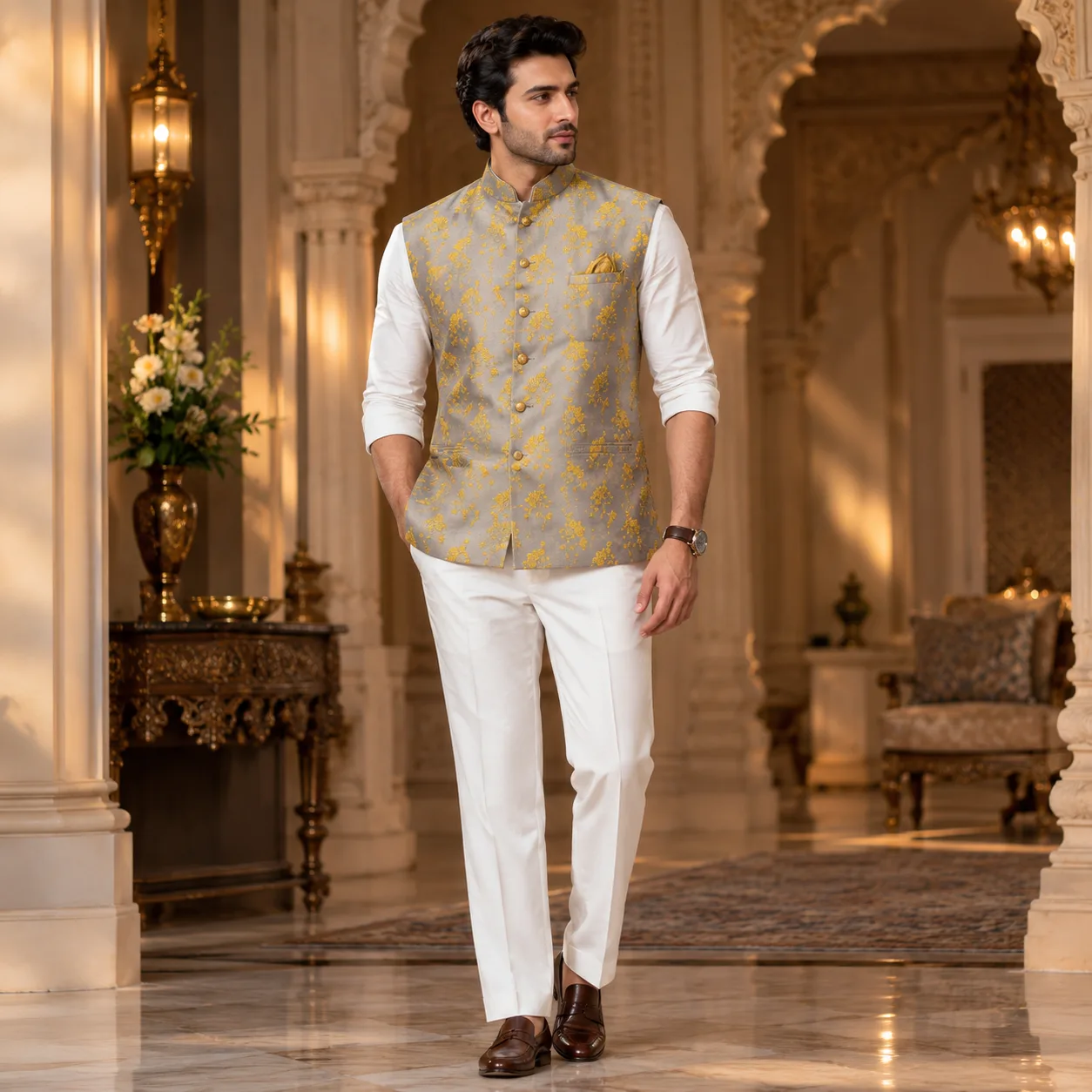 Men's Grey Shining Base Sleeveless Nehru Jacket with All-Over Yellow Thread Work