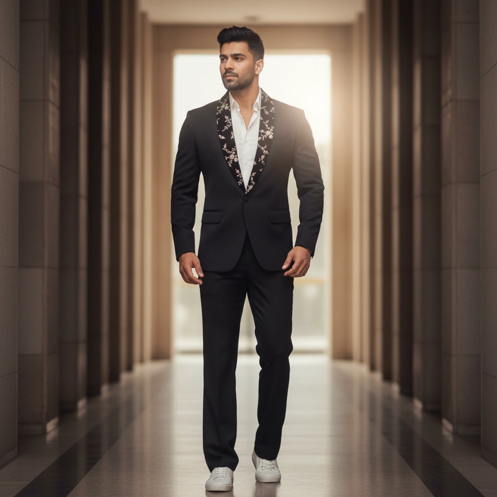 Black Floral Embroidered Blazer Set on Rent