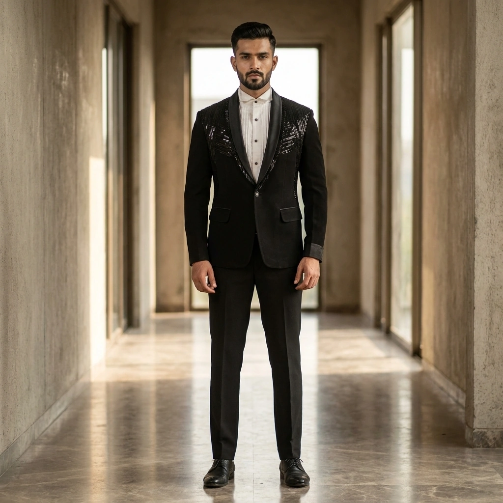Modern Black-Tie Tuxedo Suit with Satin Shawl Lapel & Black Bead Work