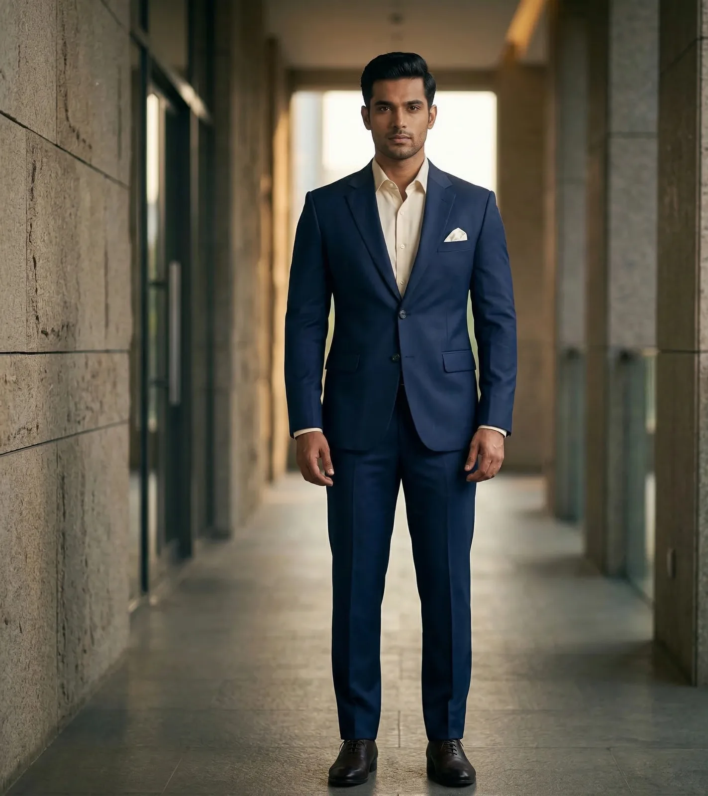 Dark Blue Colour Plain Belt-Attached Full-Sleeve Coat & Pant
