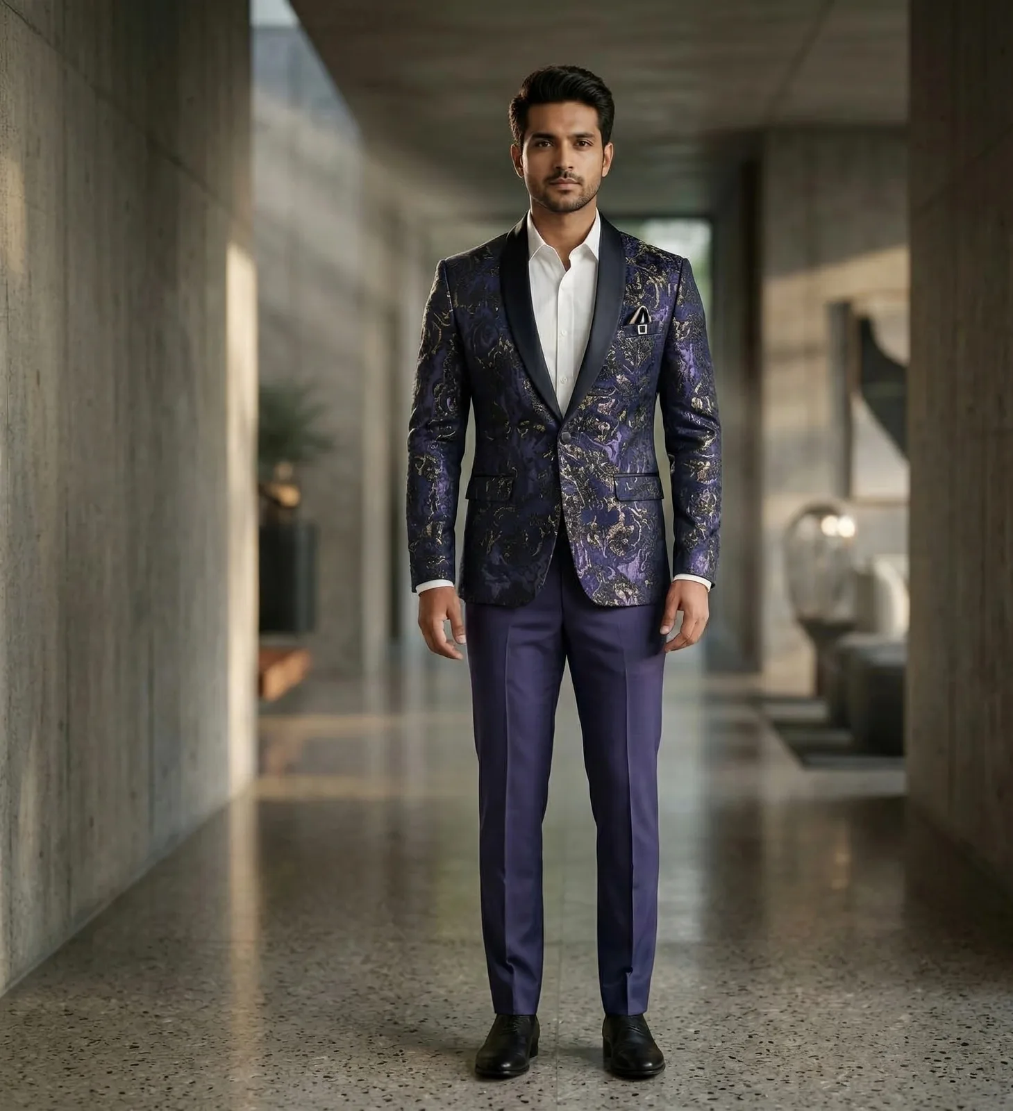 Dark Navy Blue with Black Shiny Self-Texture Blazer & Pant
