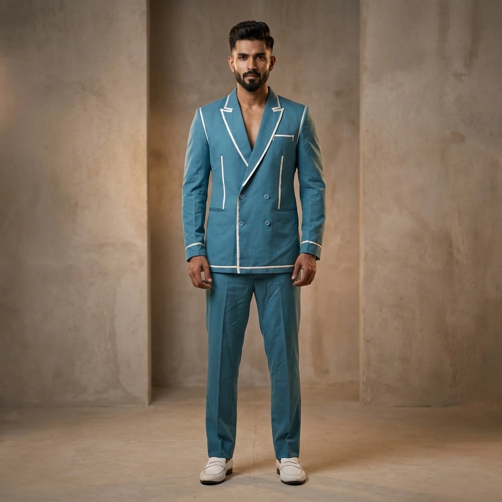 Dark Sky Blue Double-Breasted Suit on Rent