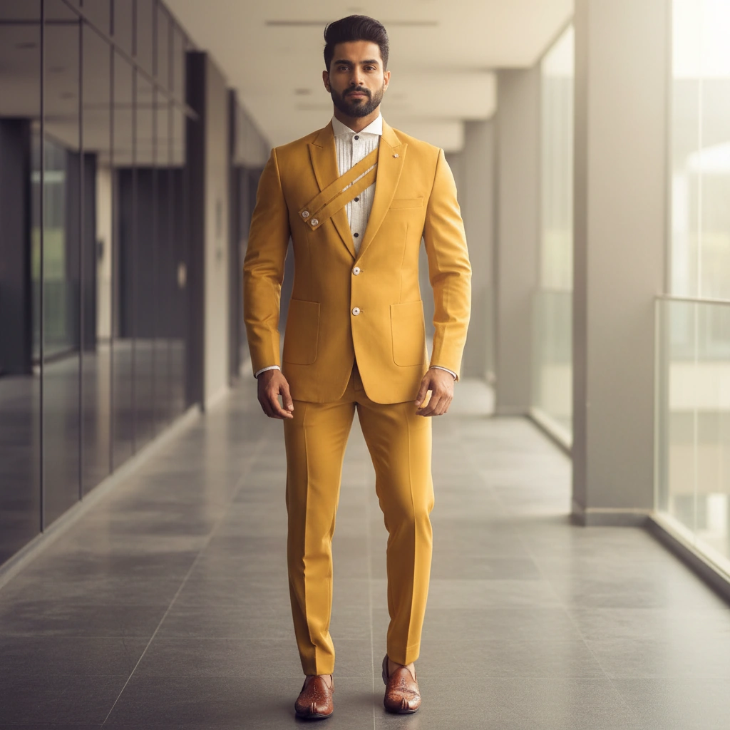 Mustard Yellow Slim Fit Suit with Blazer on Rent