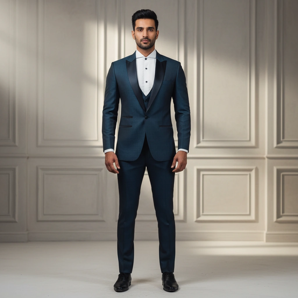 Men's Navy Blue Jacquard Tuxedo Suit on Rent