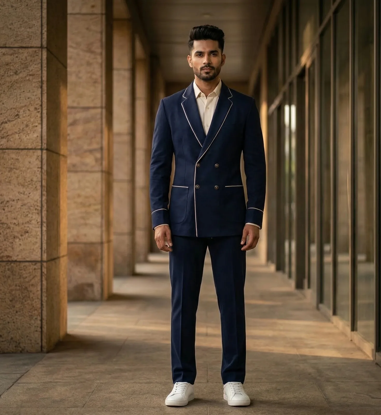 Navy Blue Velvet Front-Overlap Blazer