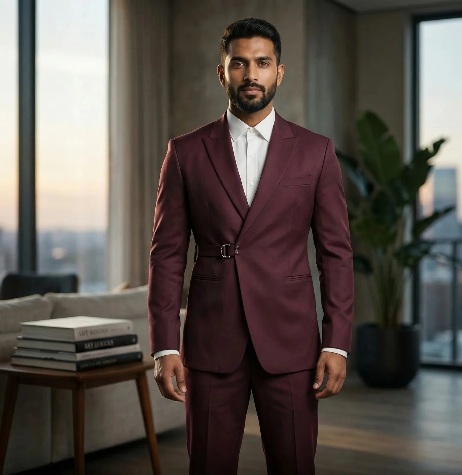 Wine Plain Overlapping Coat with Matching Fabric Pants