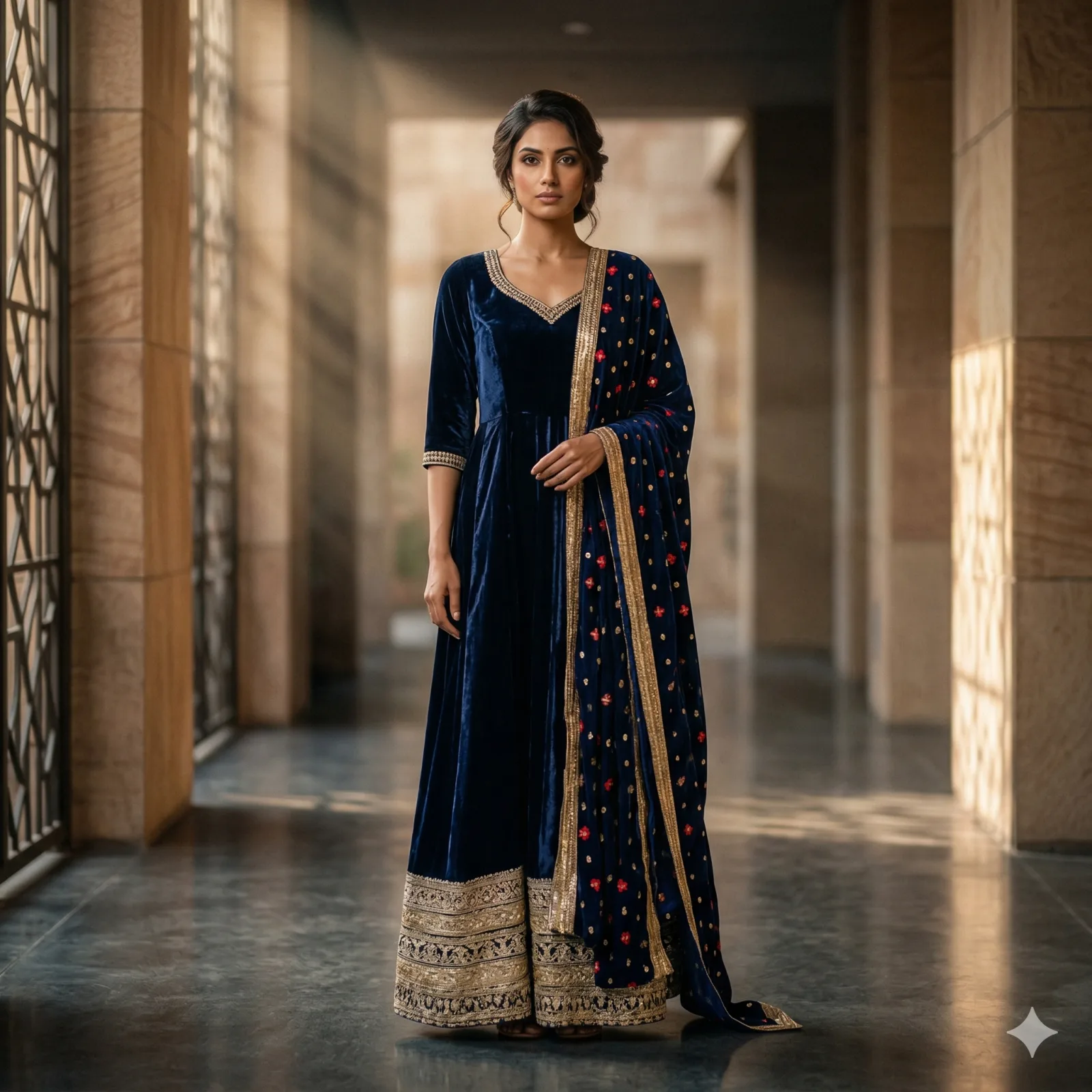 Navy Blue Velvet Anarkali with Heavy Golden Embroidery on Rent