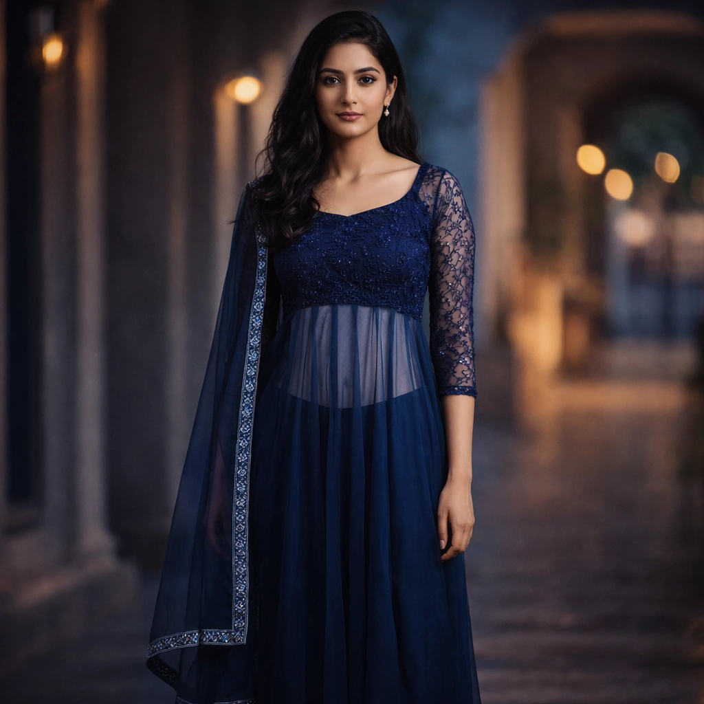 Navy Blue Anarkali Suit with Intricate Embroidery on Rent