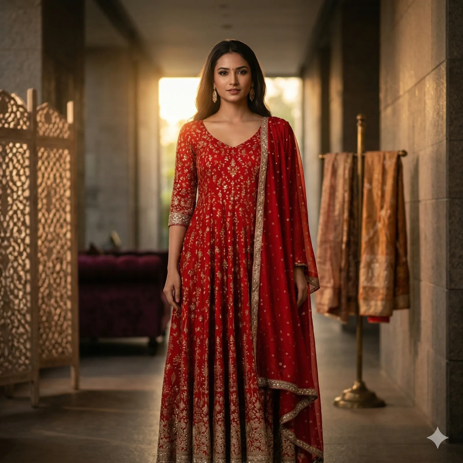 Orange Georgette Anarkali with Golden Zari & Sequins on Rent