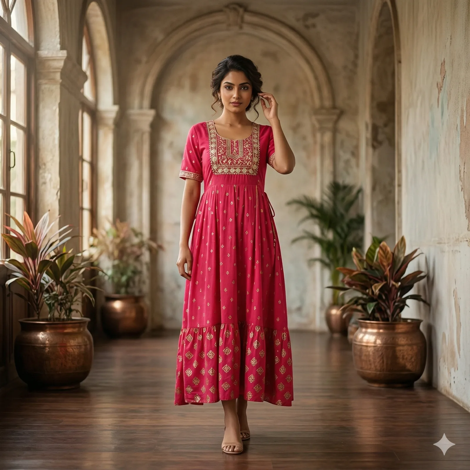 Dark Rani Pink Anarkali Gown with Golden Lace Work on Rent