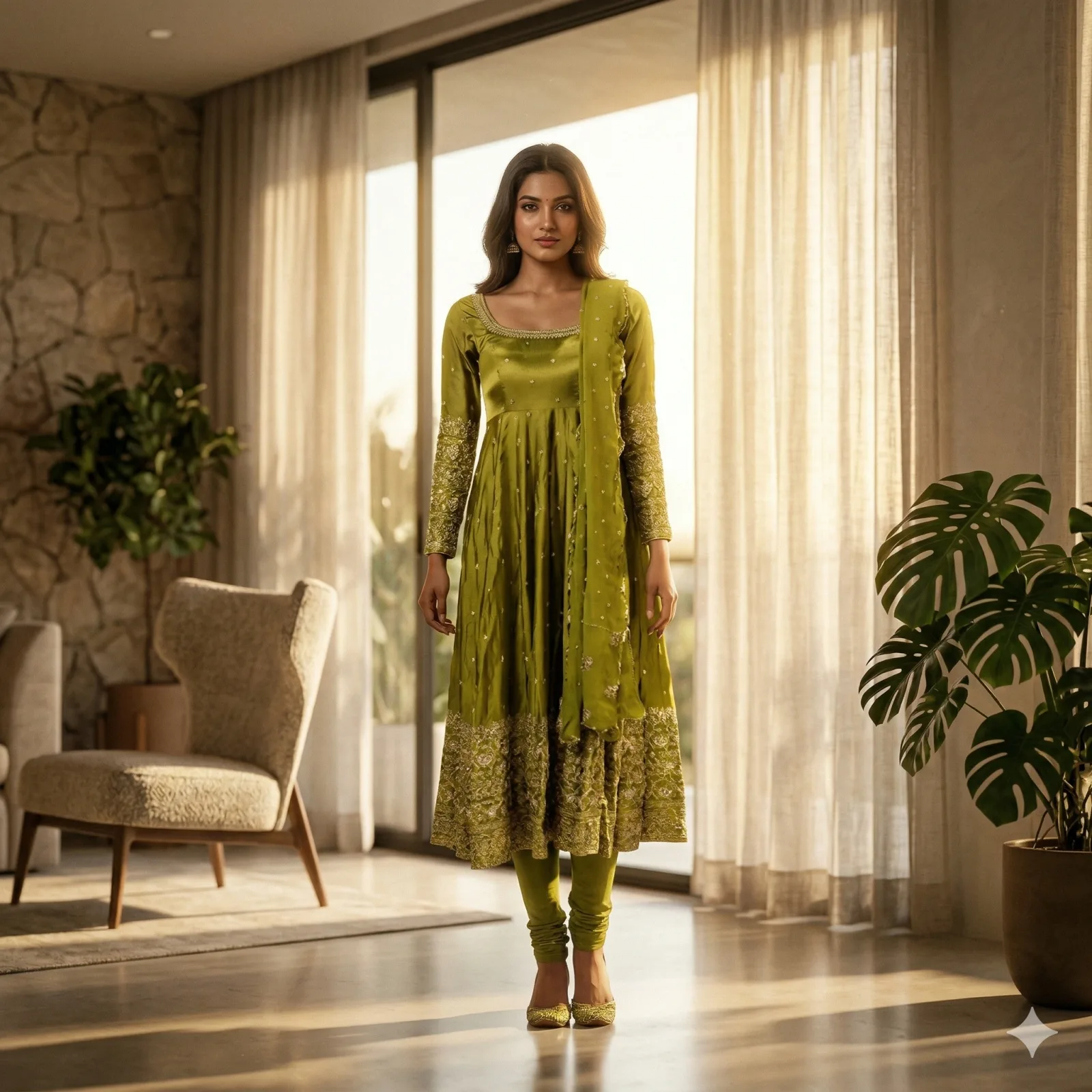 Green Raw Silk Anarkali Suit with Gold Tikli Work on Rent