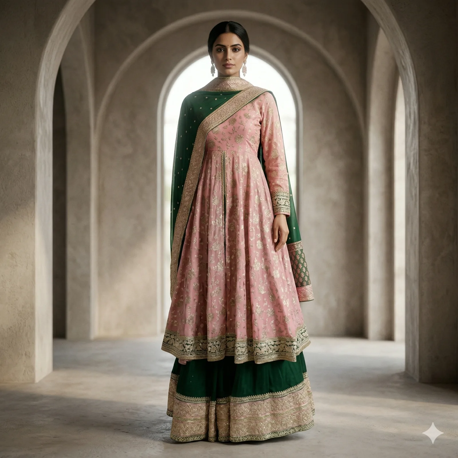 Baby Pink Raw Silk Anarkali Set with Green Ghaghara & Dupatta on Rent