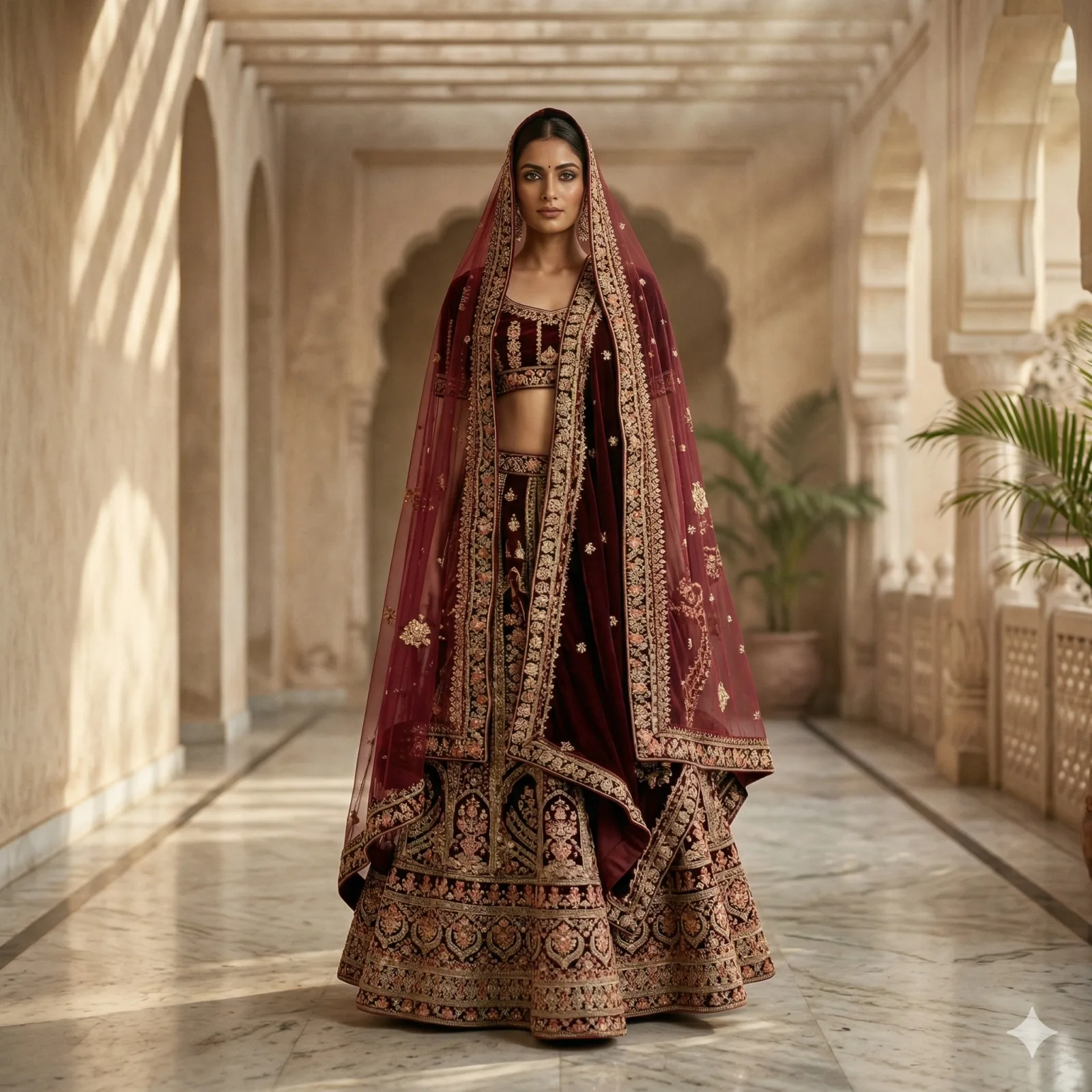 Dark Maroon Velvet Bridal Lehenga on Rent | Mumbai