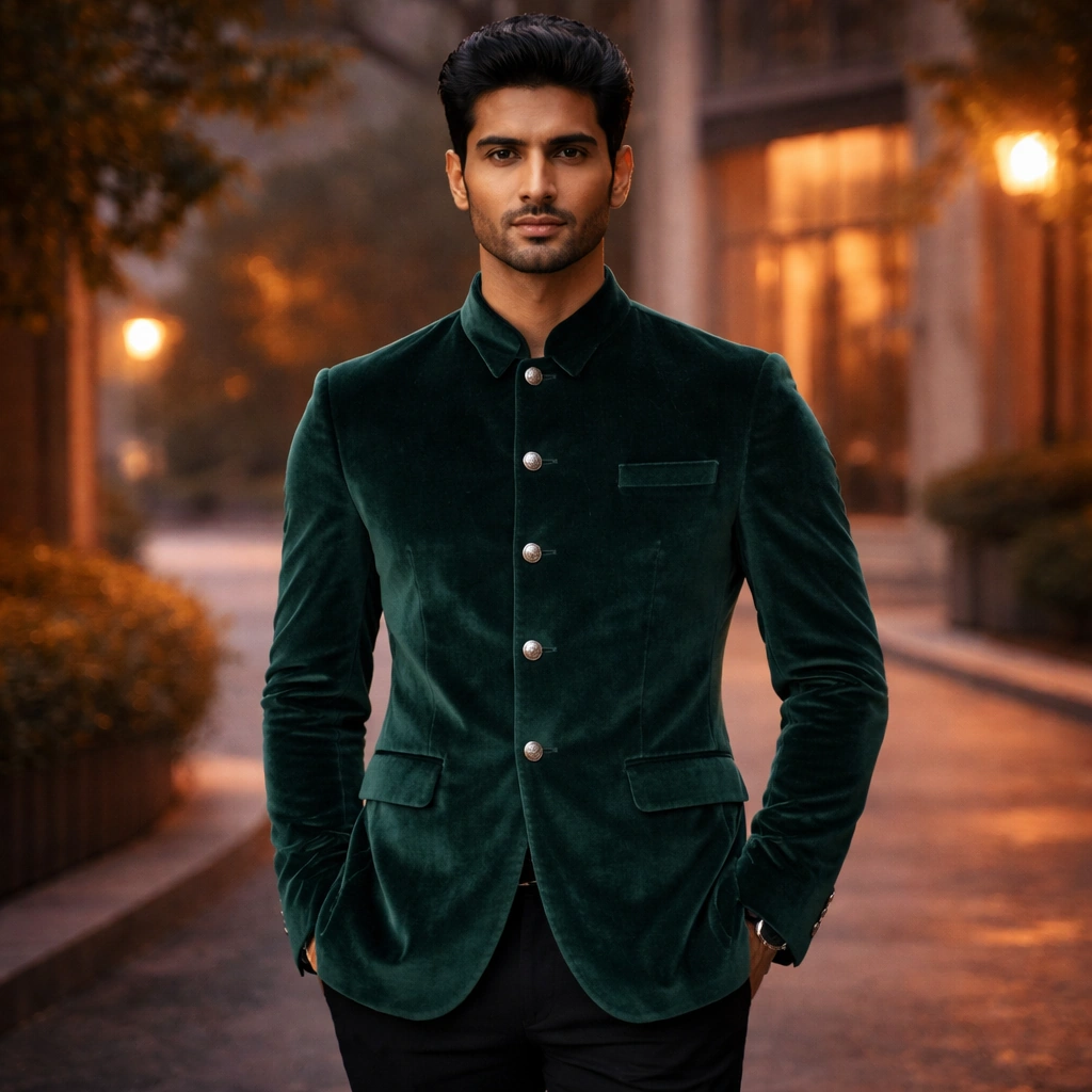 Bottle Green Reception Velvet Blazer For Rent