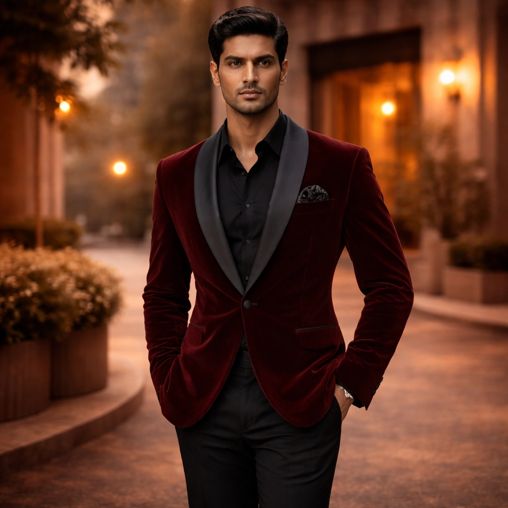 Dark Maroon Slim Fit Tuxedo Blazer For Rent