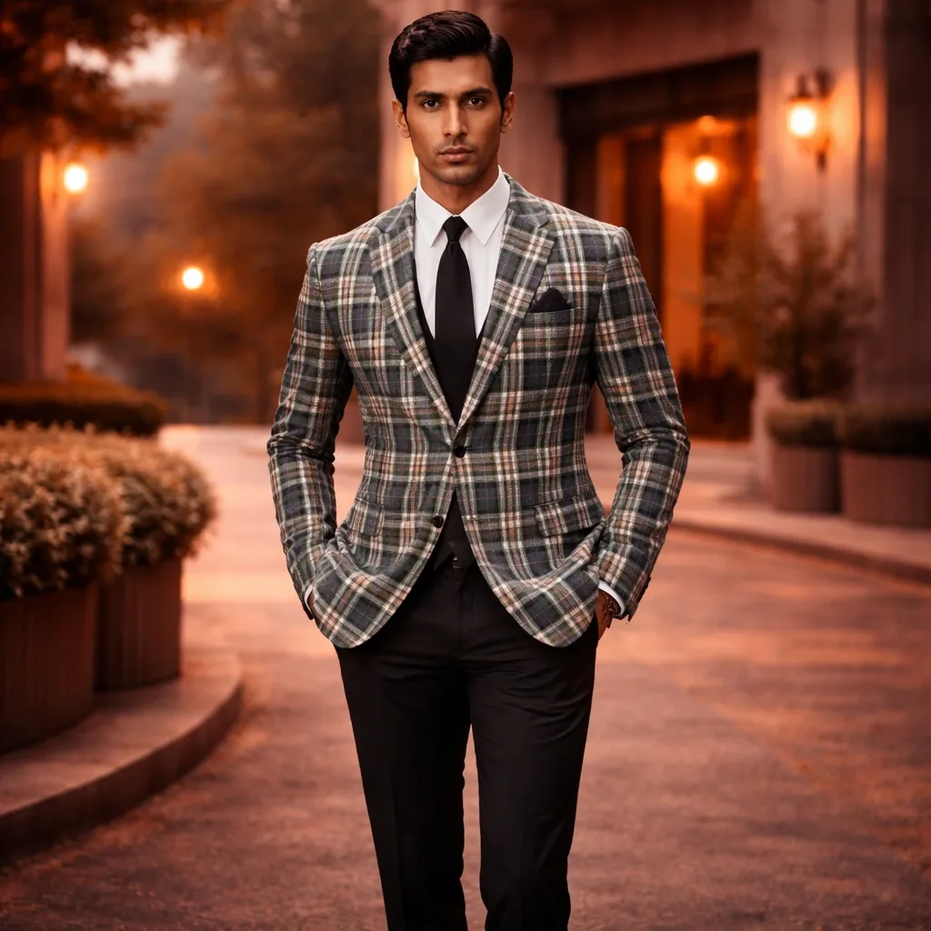 Beige Mens Check Blazer For Rent Suit Set