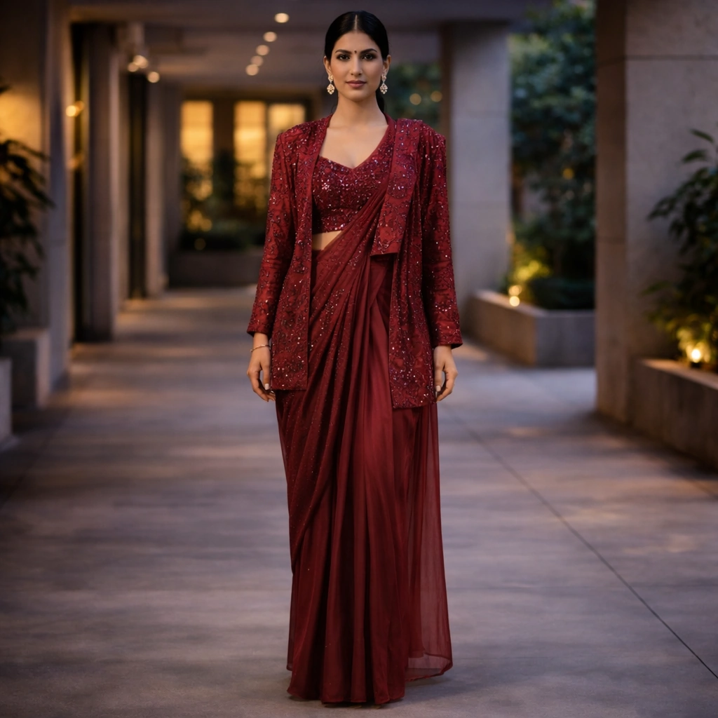 Maroon Reception Indo Western Dress For Rent Mumbai