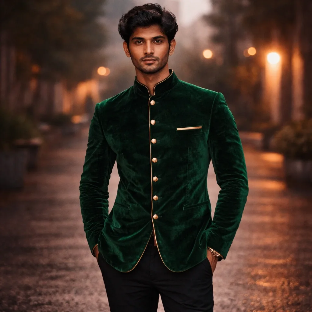 Dark Bottle Green Velvet Jodhpuri Suit with Gold Patti on Rent in Mumbai