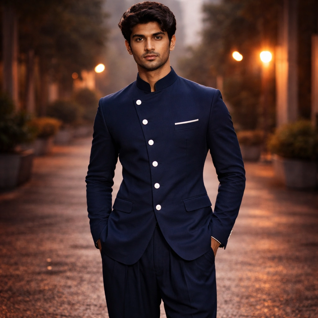 Dark Navy Blue Jodhpuri Suit with White Buttons on Rent in Mumbai