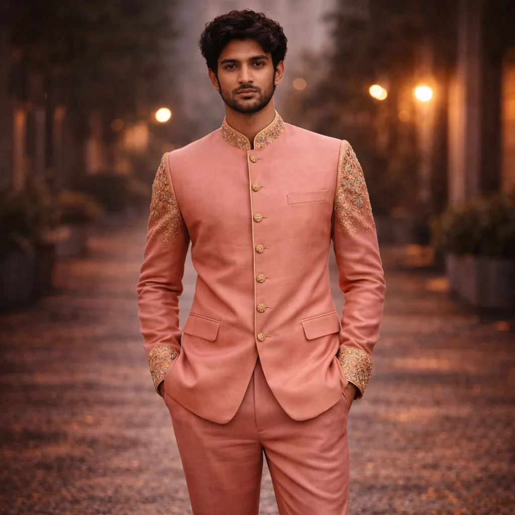 Dark Pink Raw Silk Jodhpuri Suit with Golden Tikki Work on Rent
