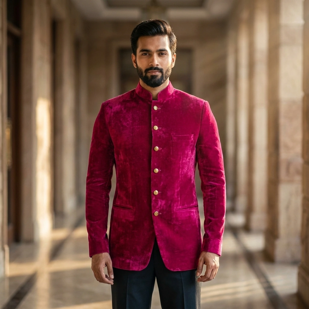 Dark Rani Velvet Jodhpuri with Stand Collar on Rent in Mumbai