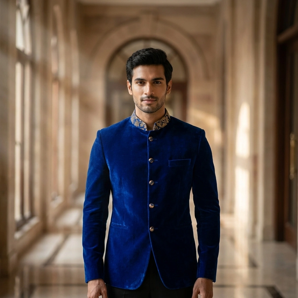 Royal Blue Velvet Jodhpuri Coat with Side Fabric Patch on Rent