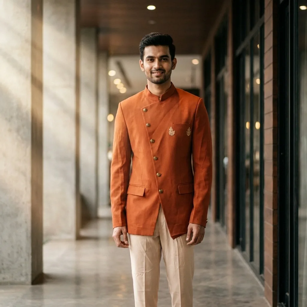 Maroon Jodhpuri Coat with Golden Peacock Print & Beige Pant on Rent