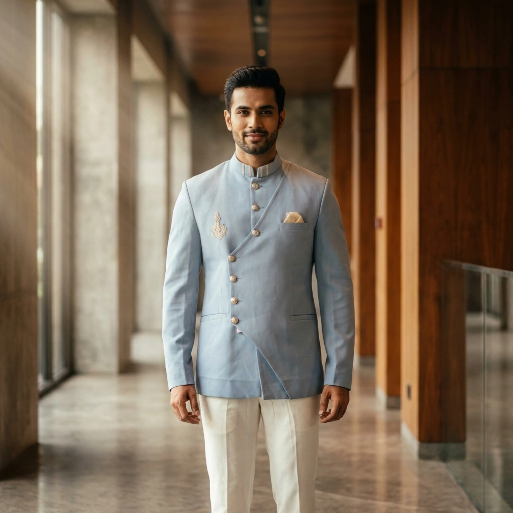 Light Blue Jodhpuri Coat with Beige Formal Pants on Rent in Mumbai