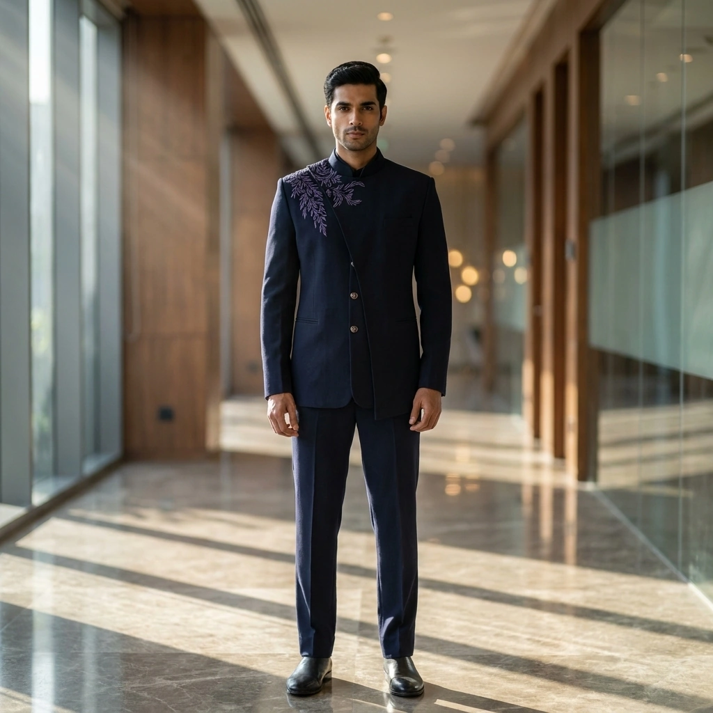 Navy Blue Jodhpuri Coat with Golden Buttons & Pants on Rent