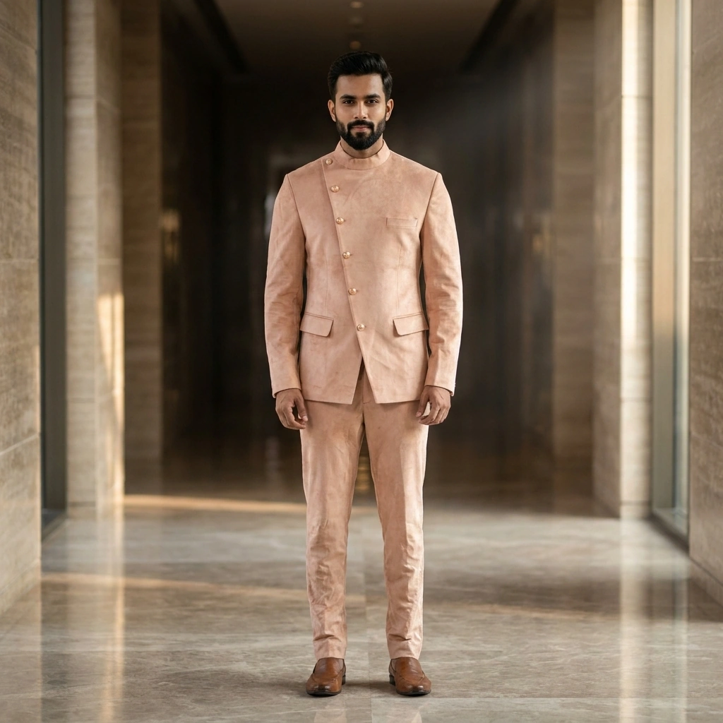 Light Pink Raw Silk Jodhpuri Coat with Matching Pants on Rent