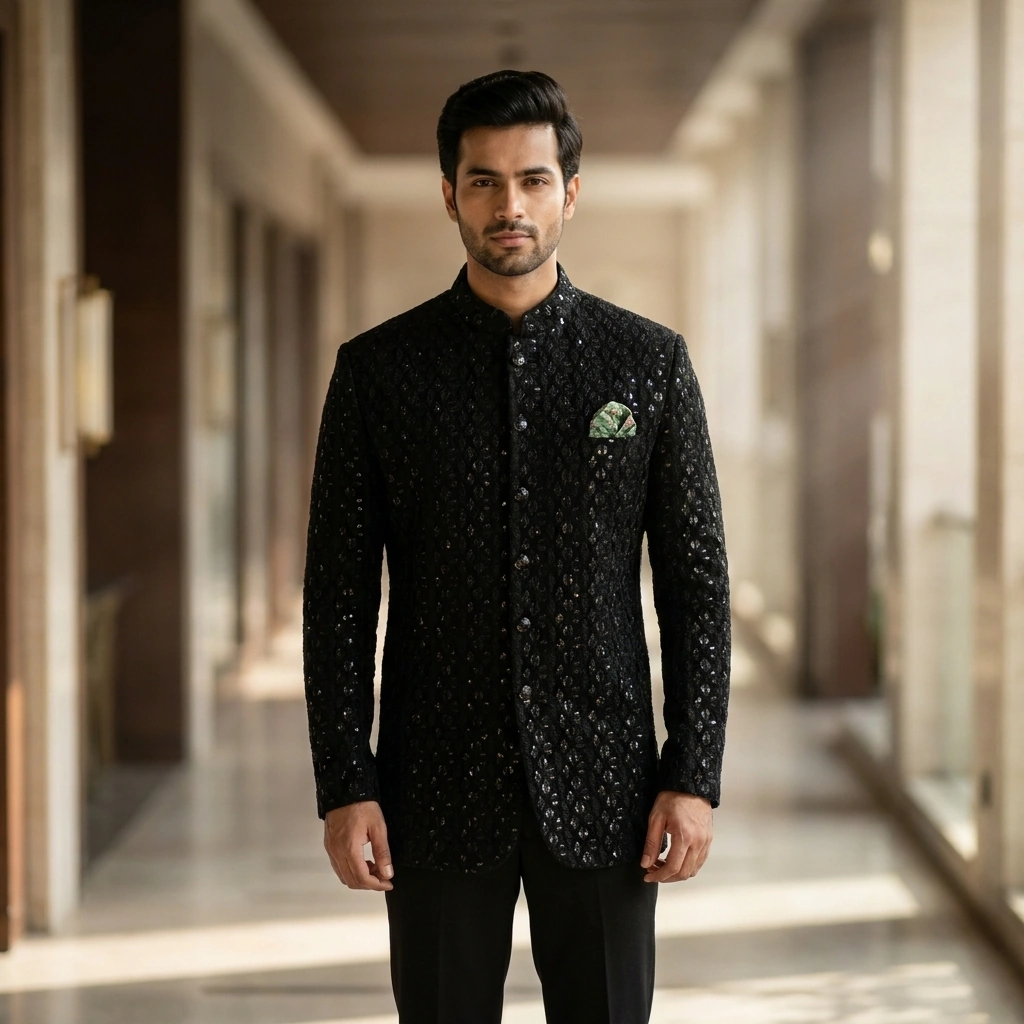 Black Velvet Jodhpuri Suit with Self-Embroidery on Rent in Mumbai