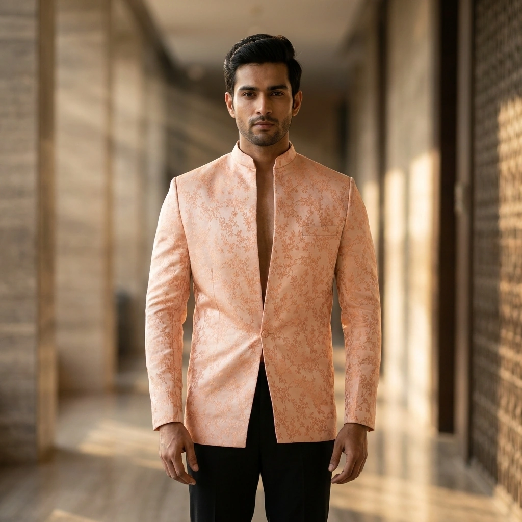 Peach Self-Flower Brocade Jodhpuri Jacket on Rent in Mumbai