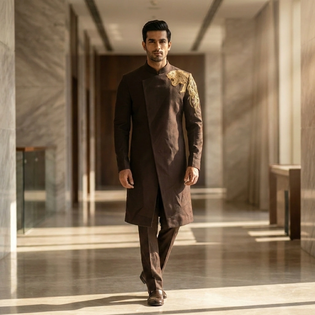 Dark Chocolate Brown Jodhpuri Suit with Panther Embroidery on Rent