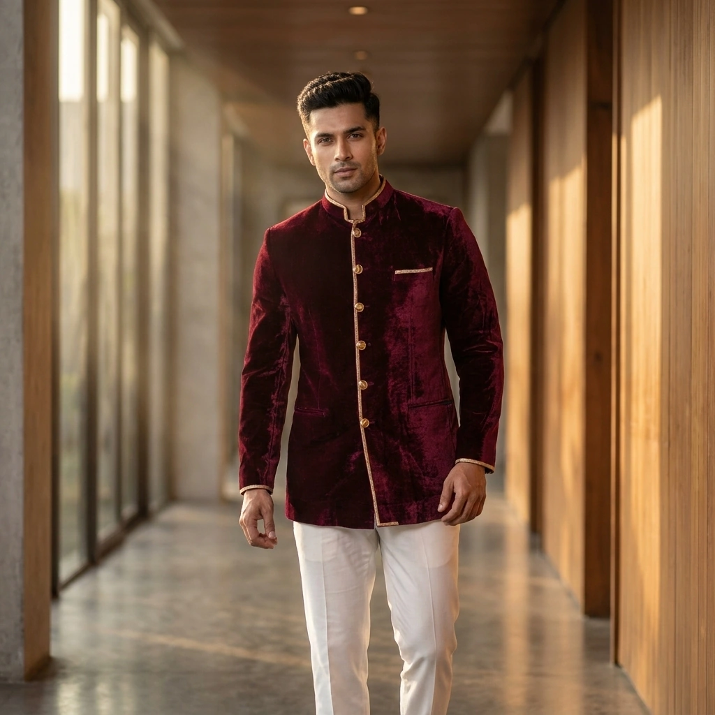 Dark Maroon Velvet Jodhpuri Coat with Gold Buttons on Rent in Mumbai