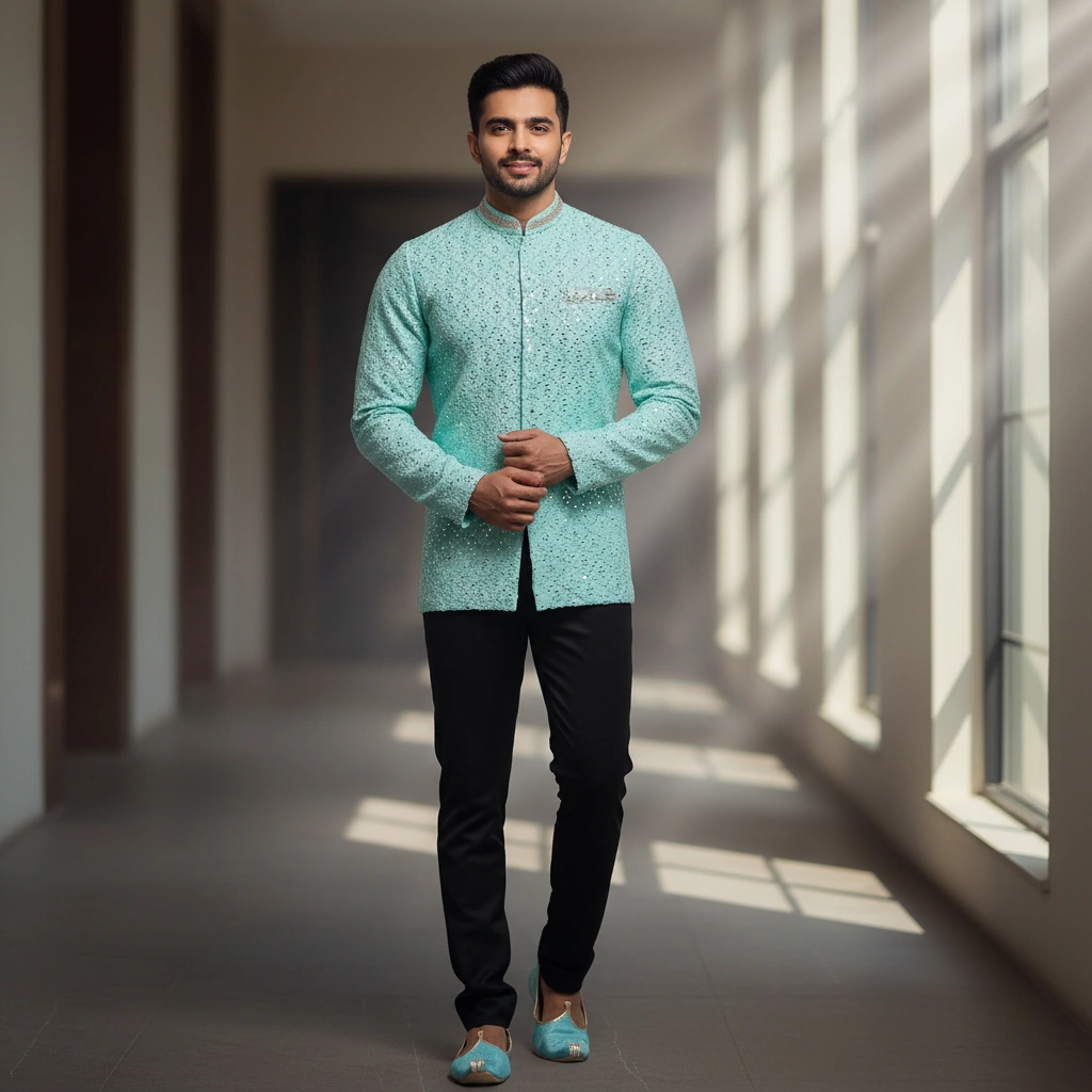 Blue Jodhpuri Coat with Self-Texture Checks & Gold Sequin Work on Rent