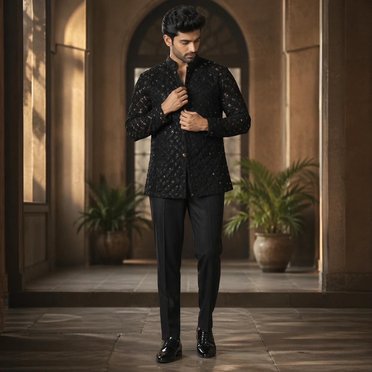 Black Velvet Jodhpuri with Gold Butti & Sequin Work on Rent in Mumbai