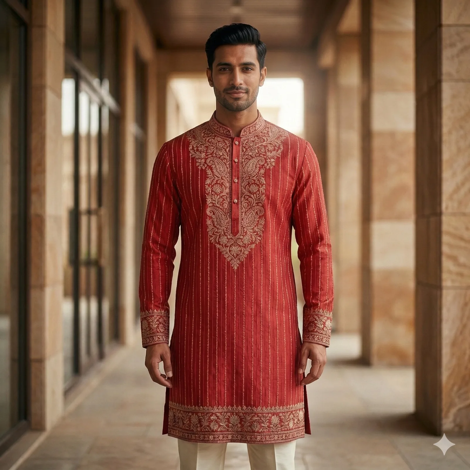 Red Long Kurta with All-Over Tikli Sequin Work & Silver Lace, Full Sleeves