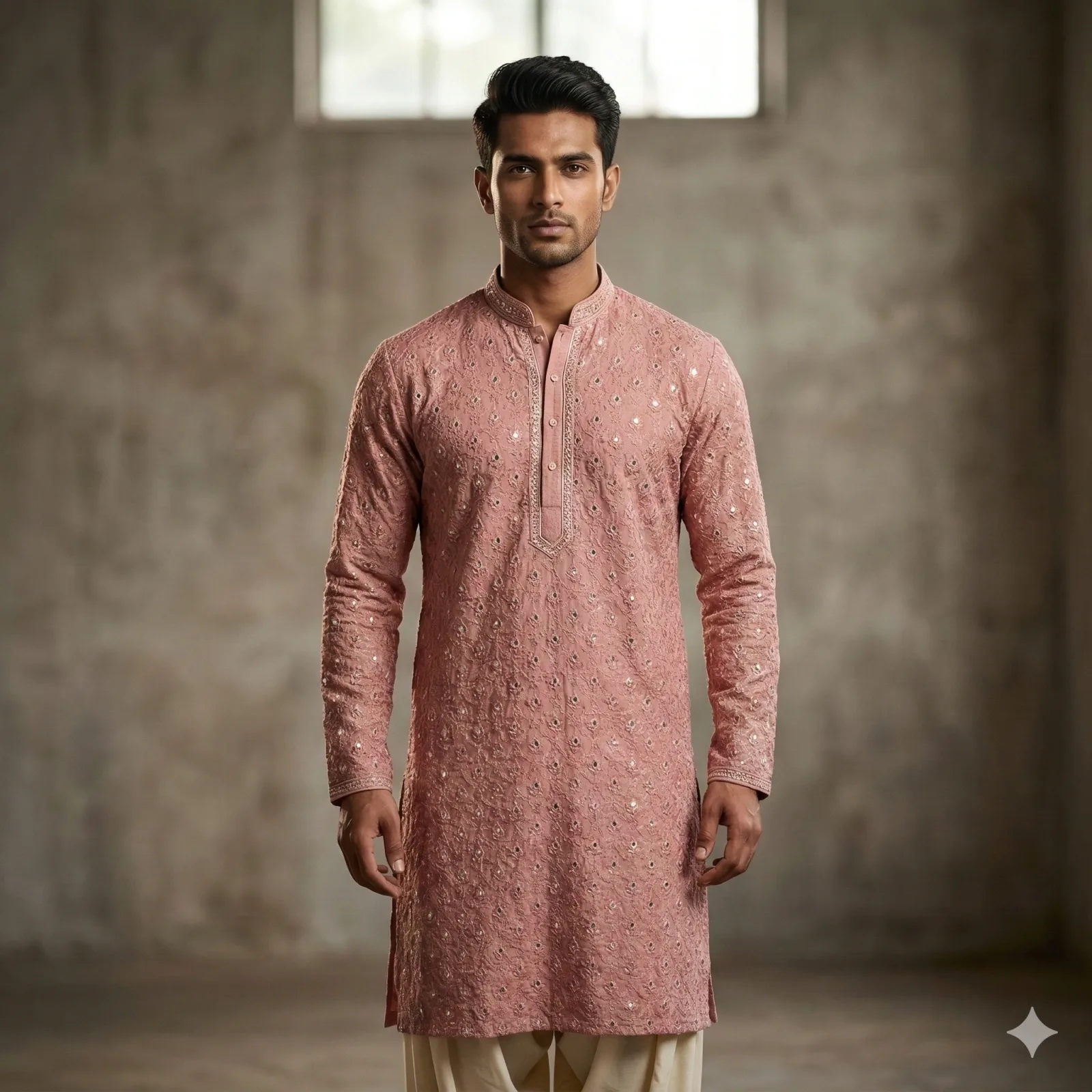 Pink Colour Kurta with Golden & Silver Self-Thread and Mirror Work