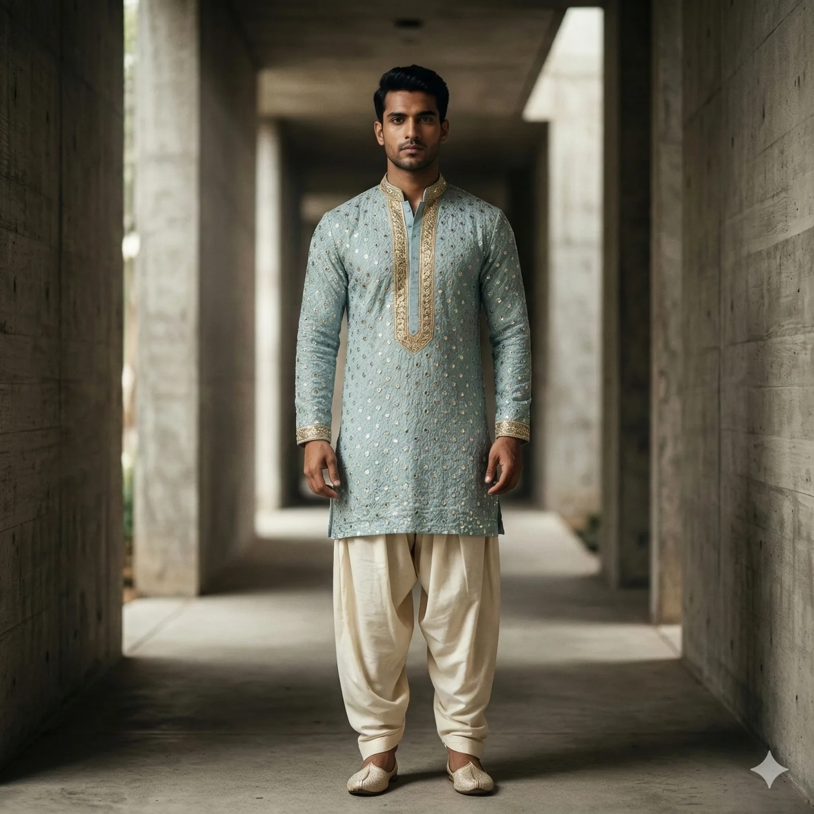 Sky Blue Heavy Kurta with Silver Mirror Work on Rent in Mumbai