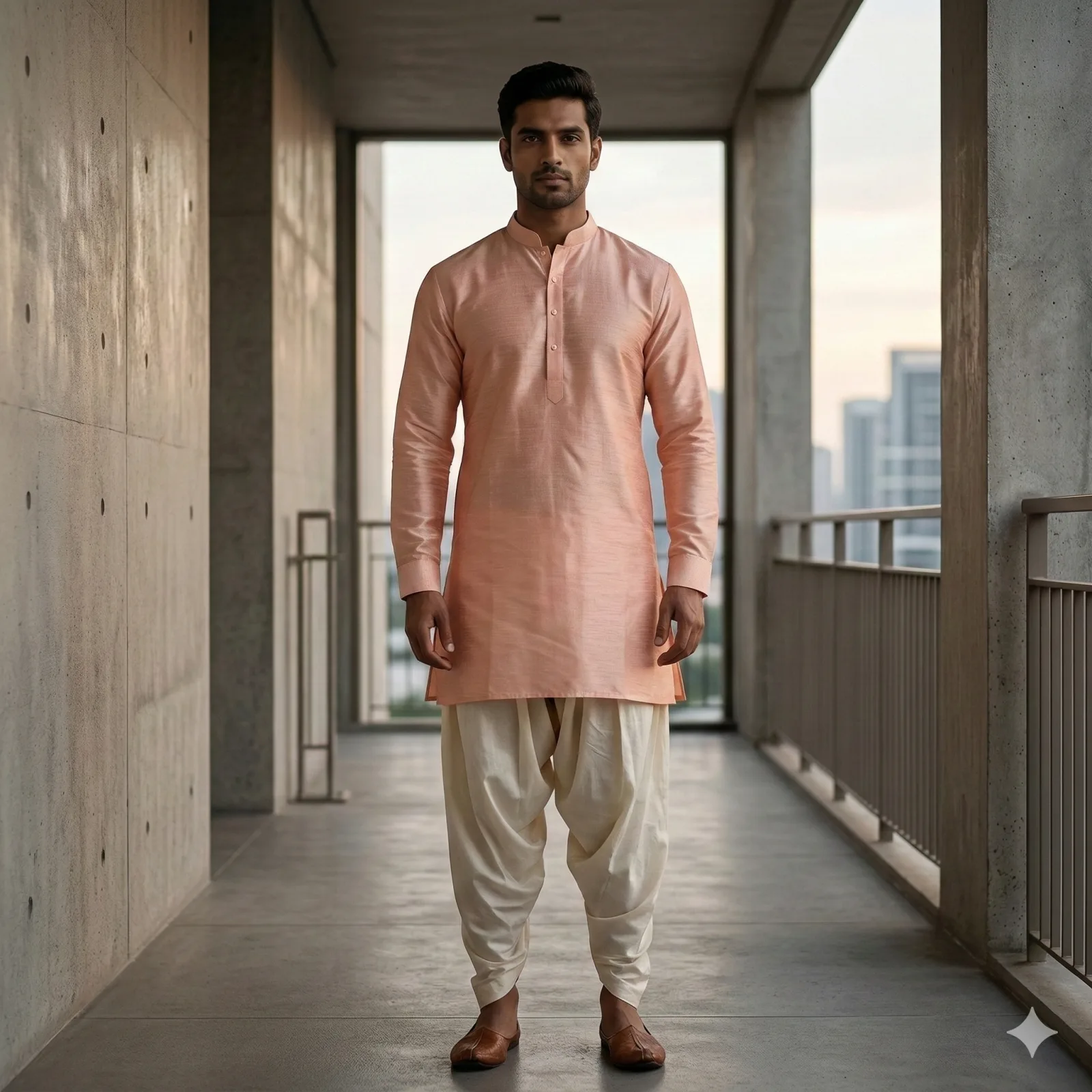 Plain Peach Colour Front-Button Full-Sleeve Stand-Collar Short Kurta