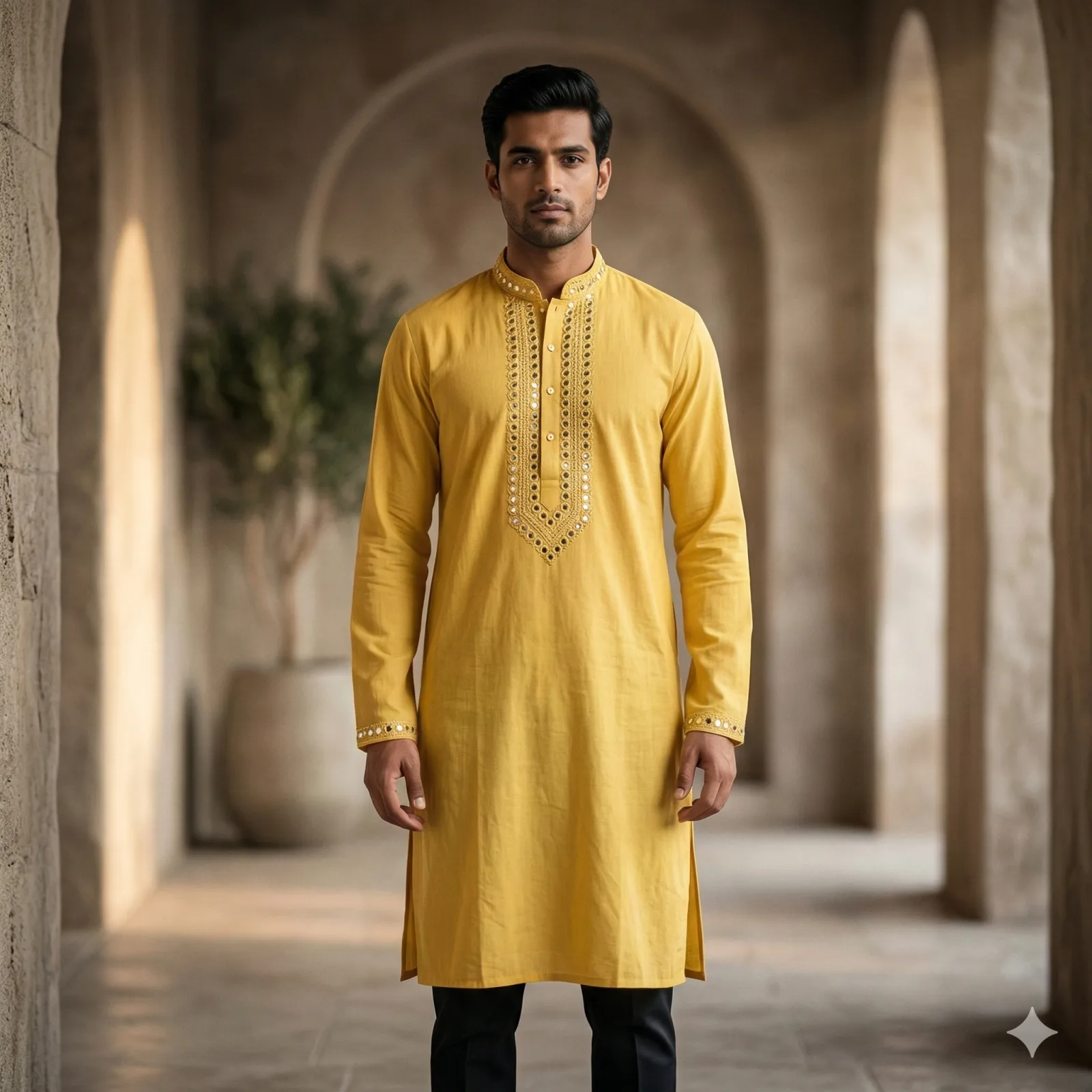 Yellow Long Kurta with Front Mirror & Thread Work, Full Sleeves