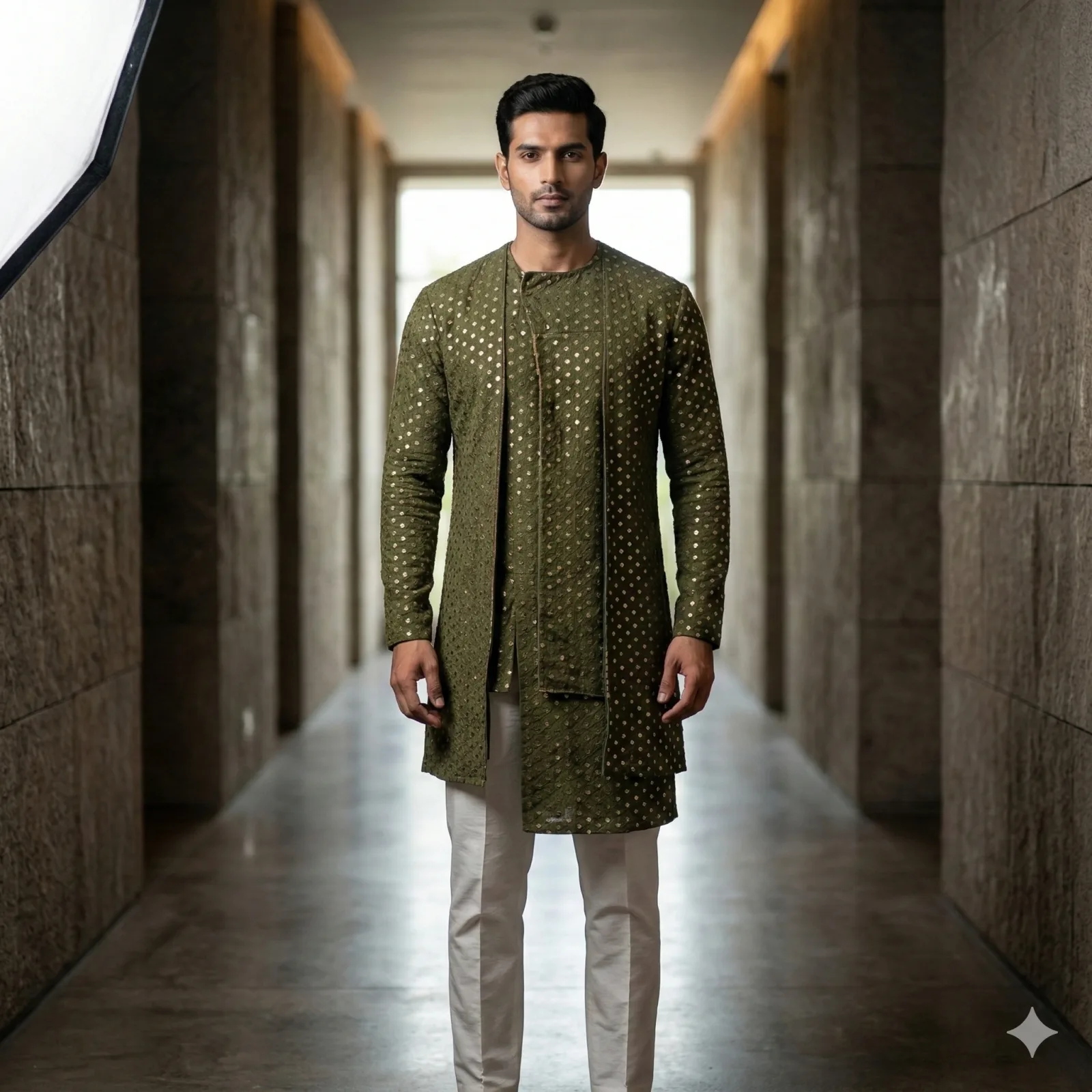 Dark Green Indo-Western Kurta with Silver Tikli Work on Rent in Mumbai