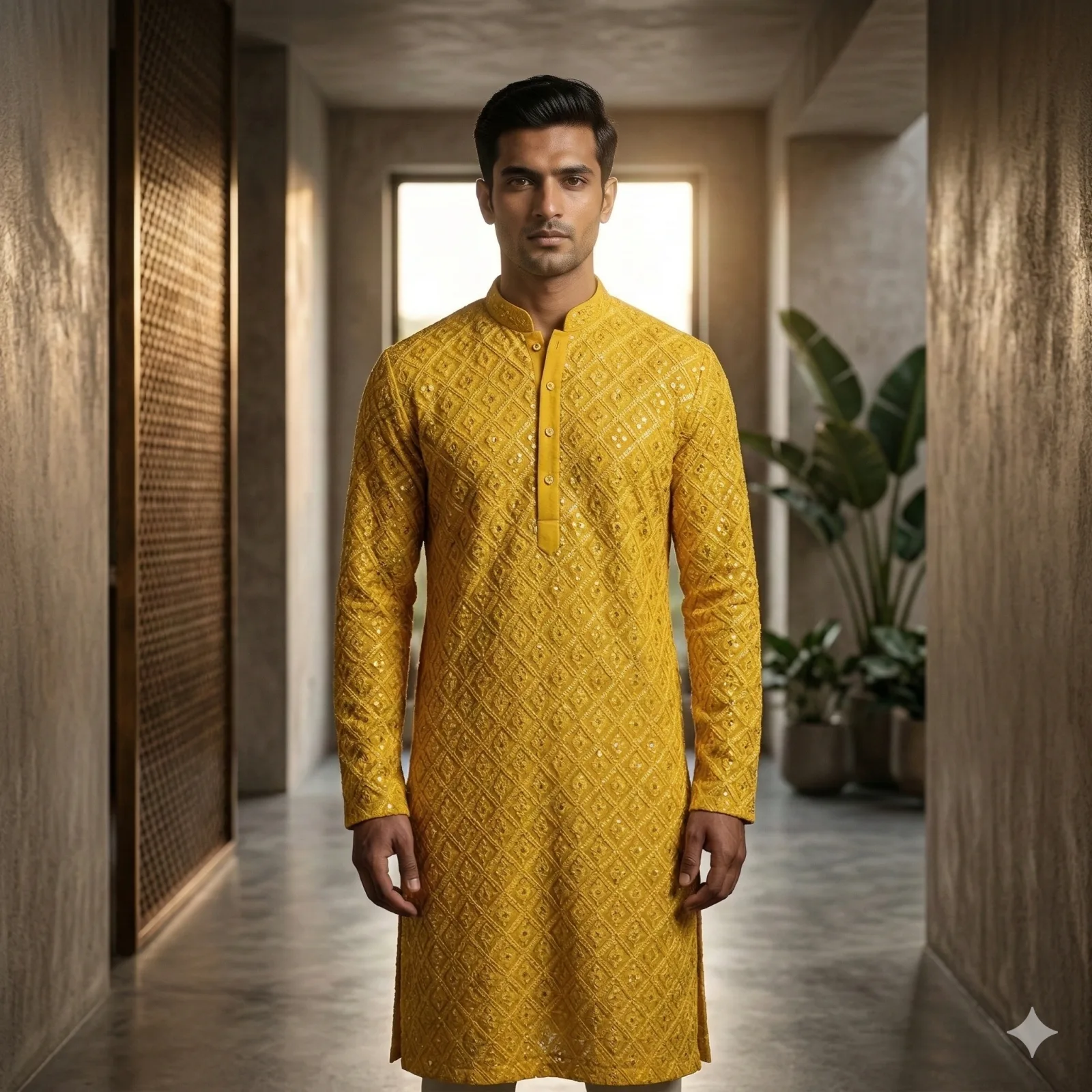 Dark Yellow Kurta with All-Over Self-Sequin & Thread Work, Stand Collar & Full Sleeves