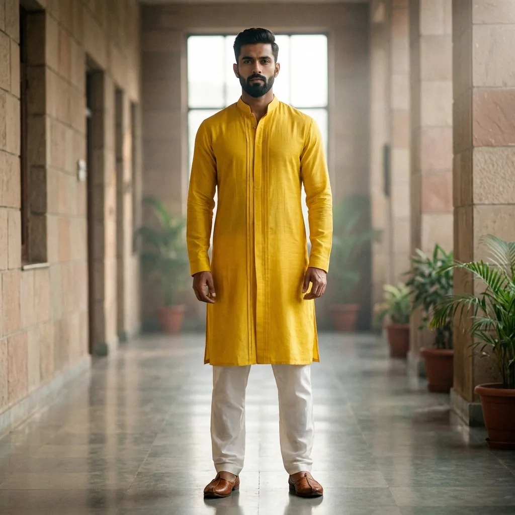 Yellow Heavy Kurta with Self-Thread & Silver Sequin Work, Full Sleeves