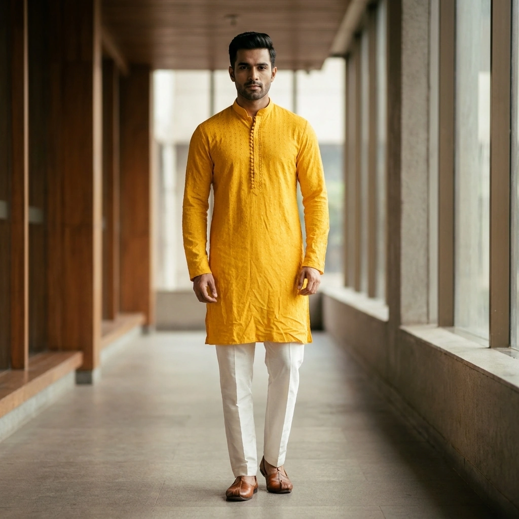 Yellow Chikankari Kurta with Self-Thread Work & Front Potli Buttons