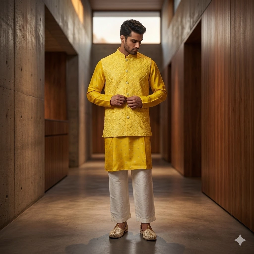 Yellow Kurta Pajama Set with Embroidered Nehru Jacket